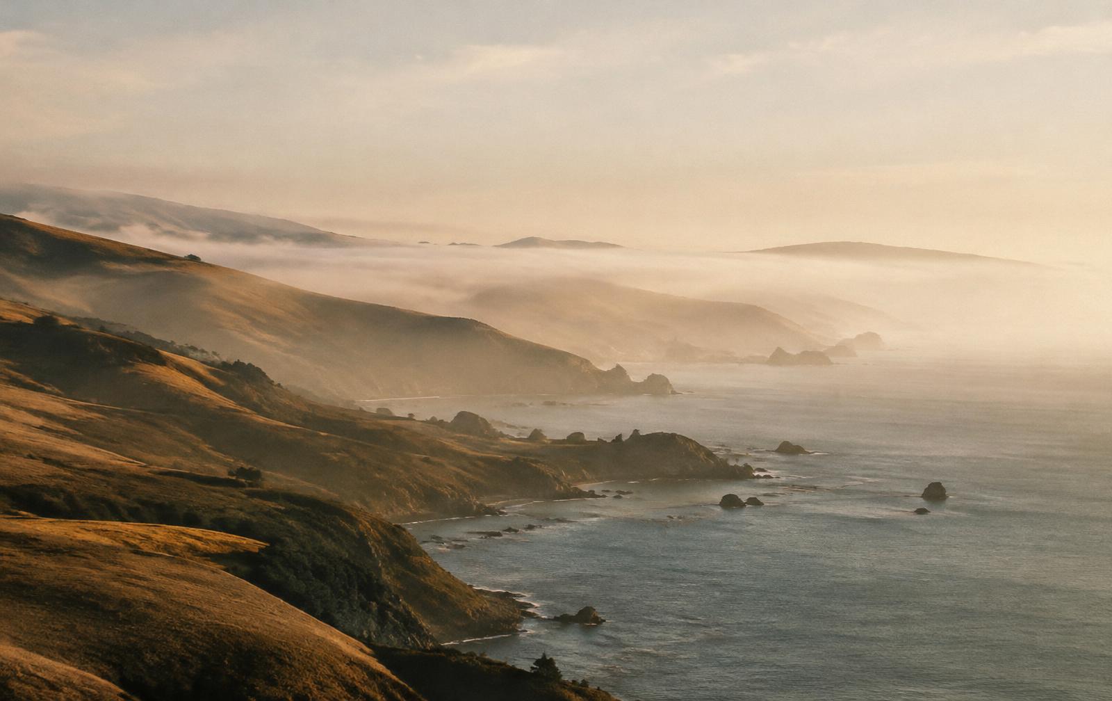 Golden coastal hills meeting the ocean in morning fog
